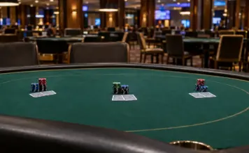 Leerer Finaltisch des Pokerturniers im King’s Resort Rozvadov mit Chips und Karten