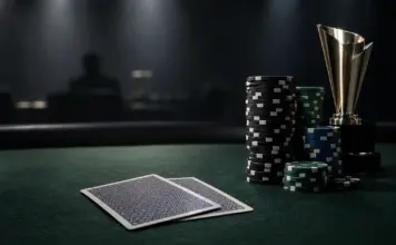 Live-Ticket inklusive: Wilson gewinnt das GGMillion$ Winning poker cards, tournament chips and trophy on a green felt table