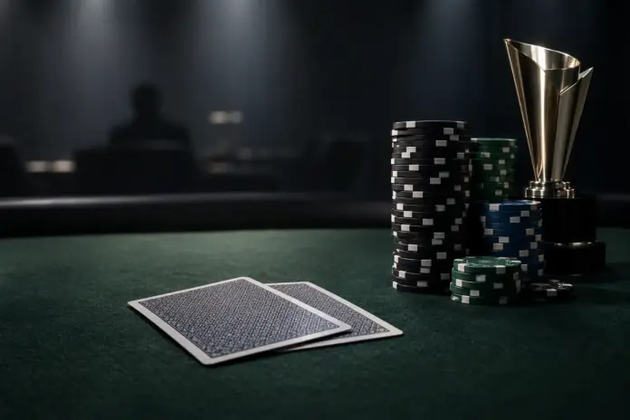 live-ticket-inklusive-wilson-gewinnt-das-ggmillion Winning poker cards, tournament chips and trophy on a green felt table