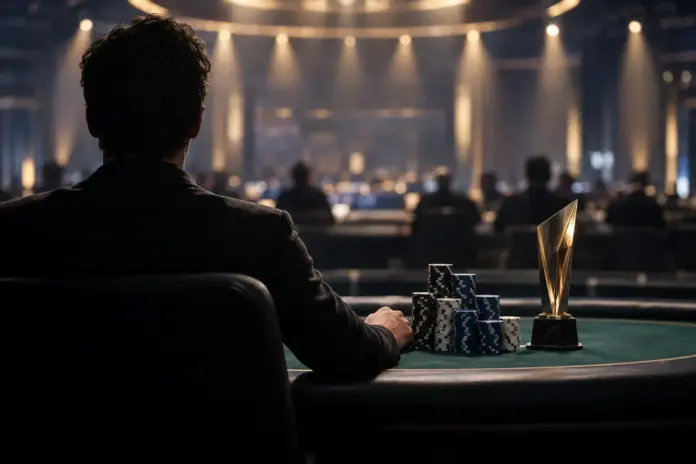lukas-pazma-holt-65144-beim-israeli-federation-cup An anonymous poker player celebrates a major tournament victory beside chips and a trophy at a casino final table.