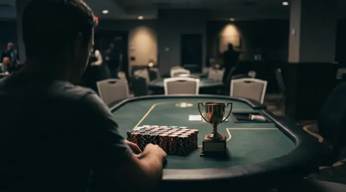 mystery-kid-epc-high-roller-sieg Pokerchips und Trophäe nach einem langen High-Roller-Finale im Casino