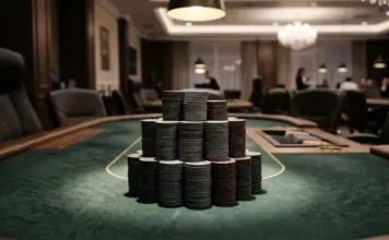 Mystery Kid führt EPC High Roller mit €110.300 an Pokerchips auf einem beleuchteten Pokertisch im High-Roller-Casino