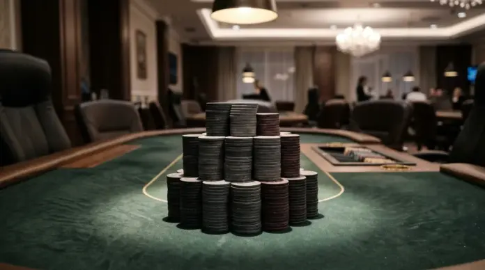 mystery-kid-fuehrt-epc-high-roller-an Pokerchips auf einem beleuchteten Pokertisch im High-Roller-Casino