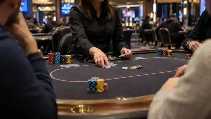 namurs-oktoberfest-mystery-bounty-main-event Pokerturniertisch mit Chips und Dealerhänden im Casino Resort Namur