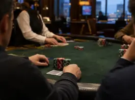Finaltisch eines Pokerturniers in einem Londoner Pokerraum mit Chips und Karten auf grünem Filz
