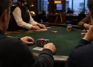 Pascal Pflock erreicht Final Table beim 888LIVE London Main Event Finaltisch eines Pokerturniers in einem Londoner Pokerraum mit Chips und Karten auf grünem Filz