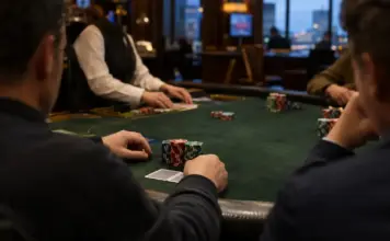 Pascal Pflock erreicht Final Table beim 888LIVE London Main Event Finaltisch eines Pokerturniers in einem Londoner Pokerraum mit Chips und Karten auf grünem Filz