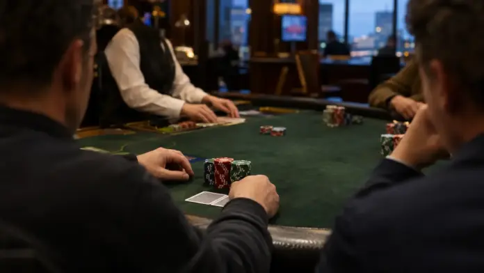 pascal-pflock-final-table-888live-london-main-event Finaltisch eines Pokerturniers in einem Londoner Pokerraum mit Chips und Karten auf grünem Filz