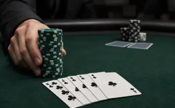 Pillamarapus Straight Flush entscheidet das Heads-up Pokerchips und Karten beim entscheidenden Straight Flush im Heads-up