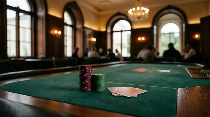 poker-cup-salzburg-2026 Pokerchips und Spielkarten auf einem Casinotisch für den Poker Cup Salzburg