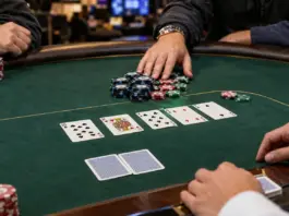 Nahaufnahme eines All-ins bei einem Pokerturnier mit Karten, Chips und Dealerhänden am grünen Pokertisch
