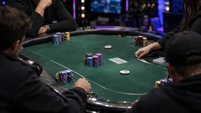 poker-masters-vaysman-macht-aus-20000-chips-den-sieg Finaltisch im PokerGO Studio mit Pokerchips und verdeckten Karten nach dem Poker-Masters-Finale