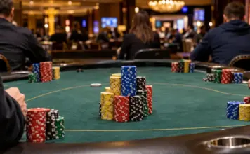 Pokermania XXL: Uppi startet mit 876.000 Chips ins Finale Pokerchips und unscharfe Spieler an einem Finaltisch im Casino Baden
