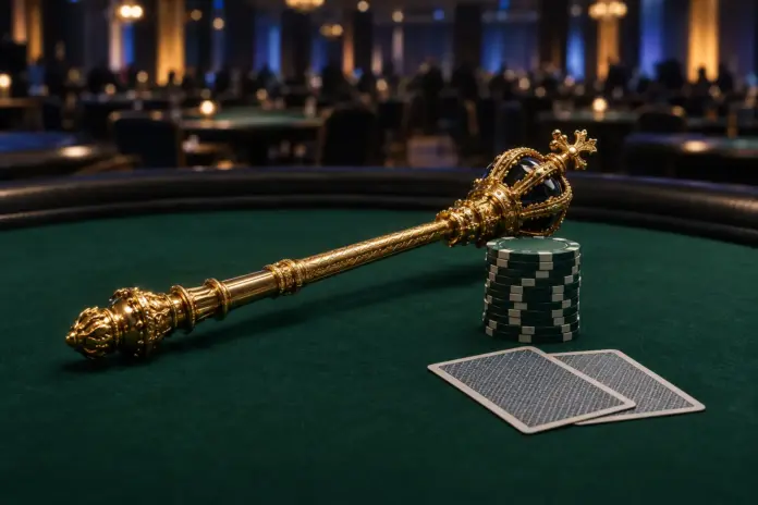 royal-scepter-andre-winkler-rozvadov Golden royal scepter beside poker chips on a final table at a casino tournament