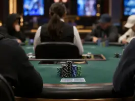 Finaltisch eines Pokerturniers mit Spielern und Chipstapeln im Pokerstudio in Las Vegas