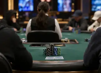 Sean Winter führt knapp ins Finale der Poker Masters Finaltisch eines Pokerturniers mit Spielern und Chipstapeln im Pokerstudio in Las Vegas