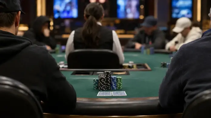 sean-winter-fuehrt-ins-finale-der-poker-masters Finaltisch eines Pokerturniers mit Spielern und Chipstapeln im Pokerstudio in Las Vegas