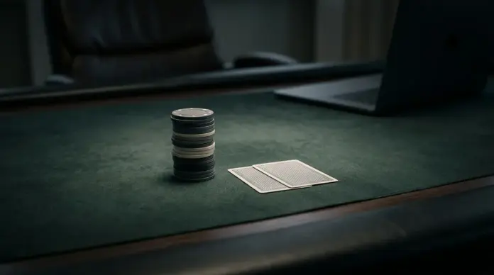sperre-und-100000-dollar-offene-fragen-poker-fall Isolierter Pokerchip-Stapel auf einem Pokertisch als Symbol für eine laufende Betrugsprüfung