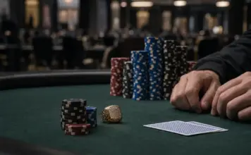 Vom Short Stack zum WSOPC-Triumph: Gianquitti siegt Gold poker championship ring beside chips on a tournament table, symbolizing Gianquitti’s comeback victory