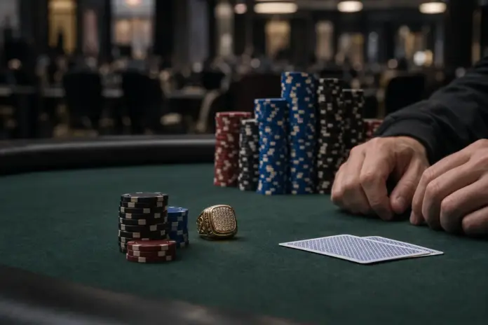 vom-short-stack-zum-wsopc-triumph-gianquitti-siegt Gold poker championship ring beside chips on a tournament table, symbolizing Gianquitti’s comeback victory