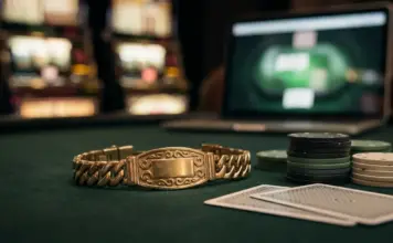 Vom Spielautomaten zum achten WSOP-Bracelet Goldenes WSOP-Bracelet auf Pokertisch neben Laptop und Casino-Lichtern