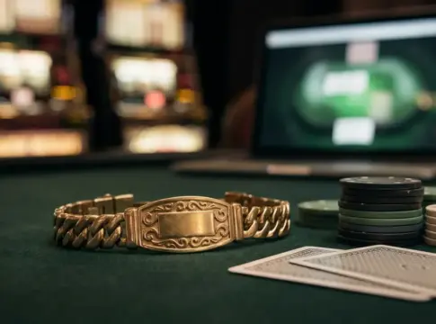 Goldenes WSOP-Bracelet auf Pokertisch neben Laptop und Casino-Lichtern