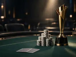 Trophäe und Pokerchips auf dem Finaltisch symbolisieren Wilsons Sieg im Super High Roller Bowl.