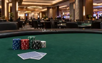 Neue Räume und 18 Ring-Events: WSOP Circuit in Verona Pokerturniertisch mit unmarkierten Chips im modern beleuchteten Casino-Raum